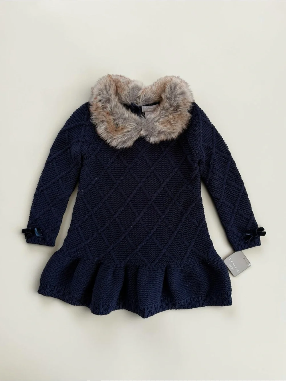 TAHARI NWT Navy Cable Knit Faux Fur Trim Collar Dress